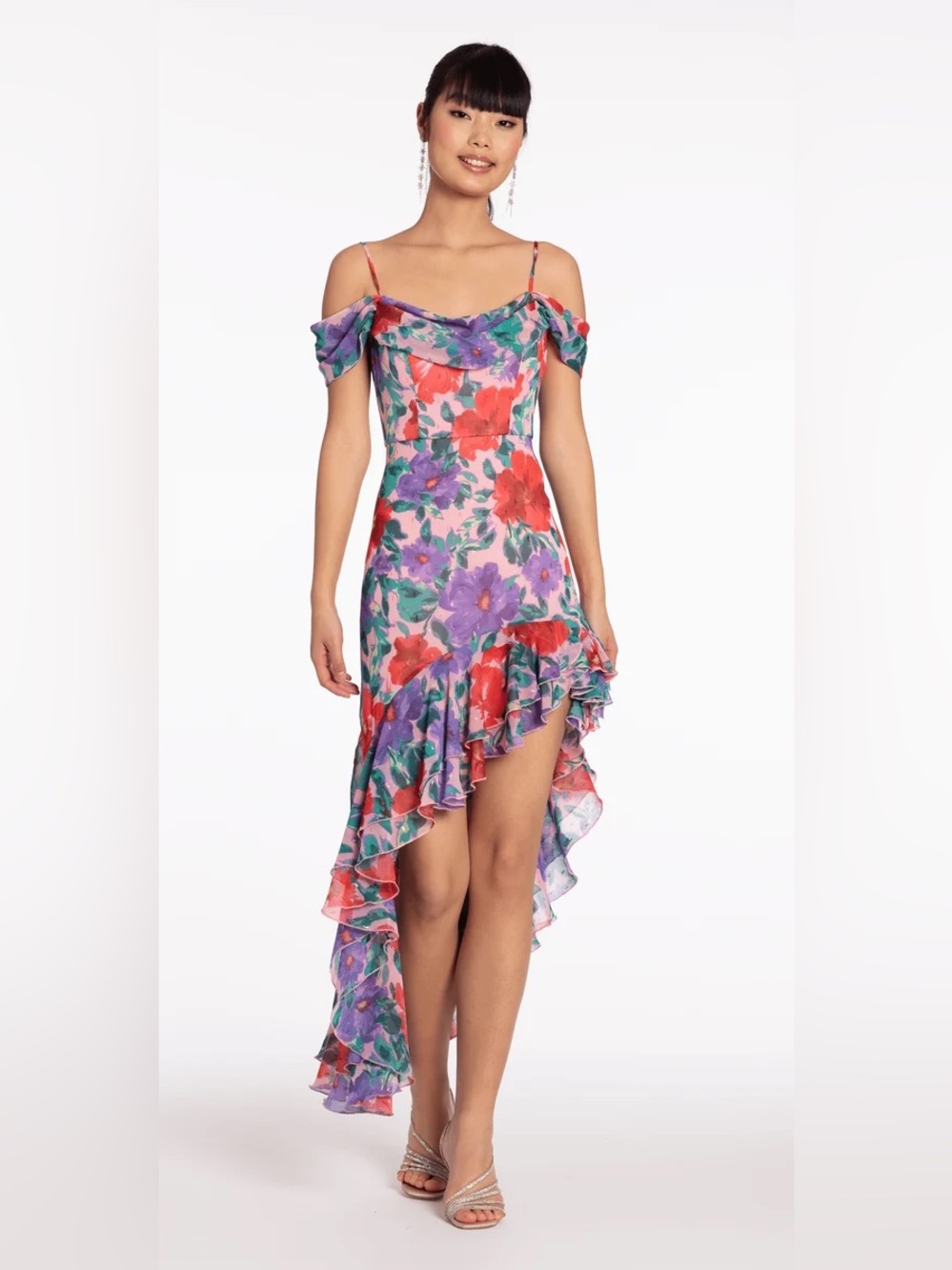 City Studios Floral-Print Cold-Shoulder Ruffle-Trim Dress Asymmetrical Juniors X